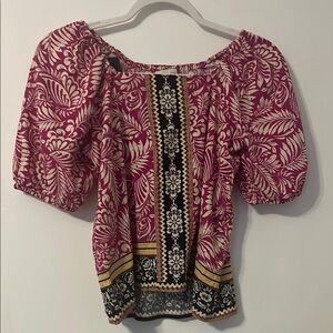 LOFT Pink and White Smocked Puff Sleeve Blouse